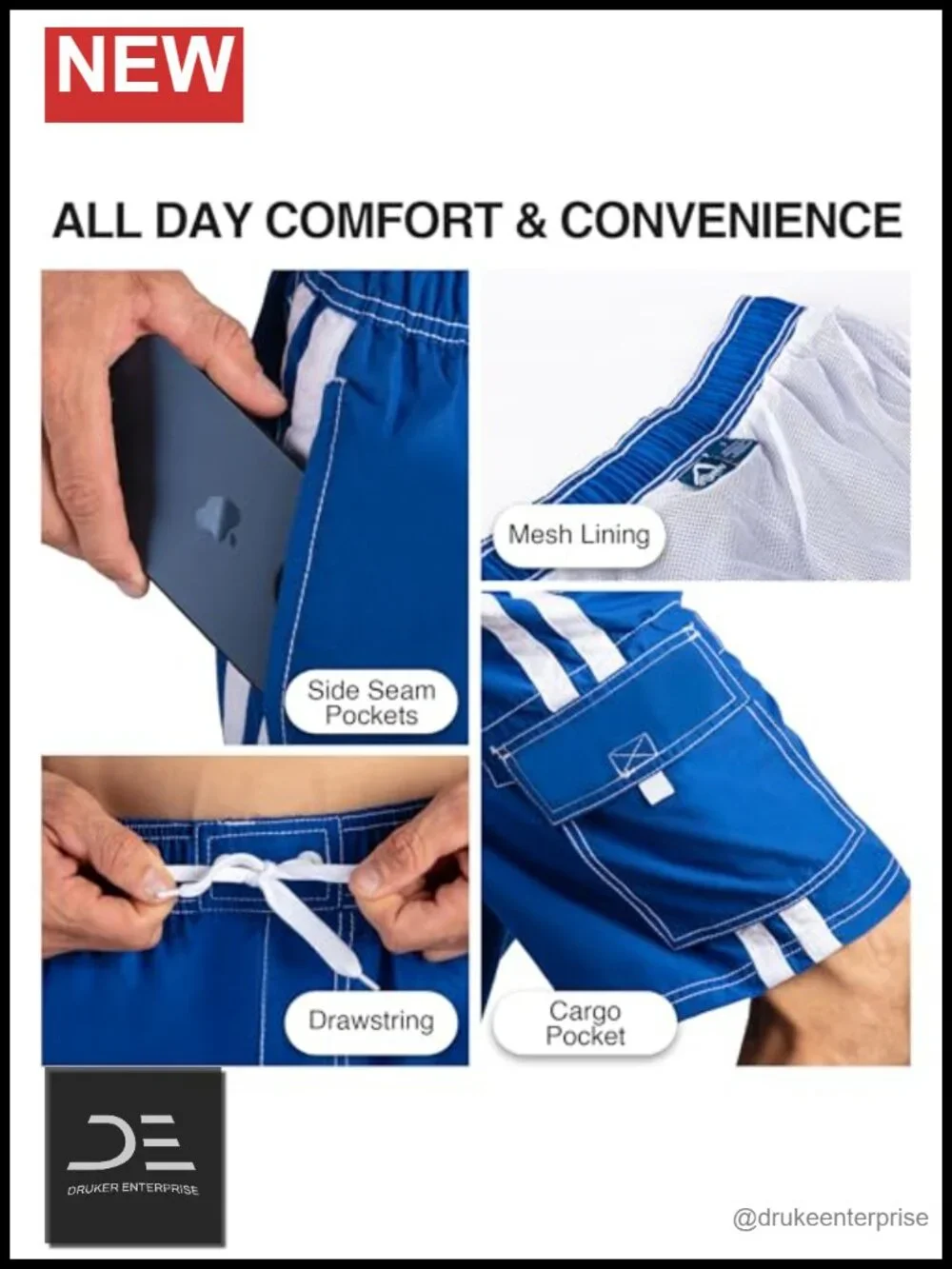 UPF 50+ Quick Dry Microfiber Swim Trunks with Mesh Lining